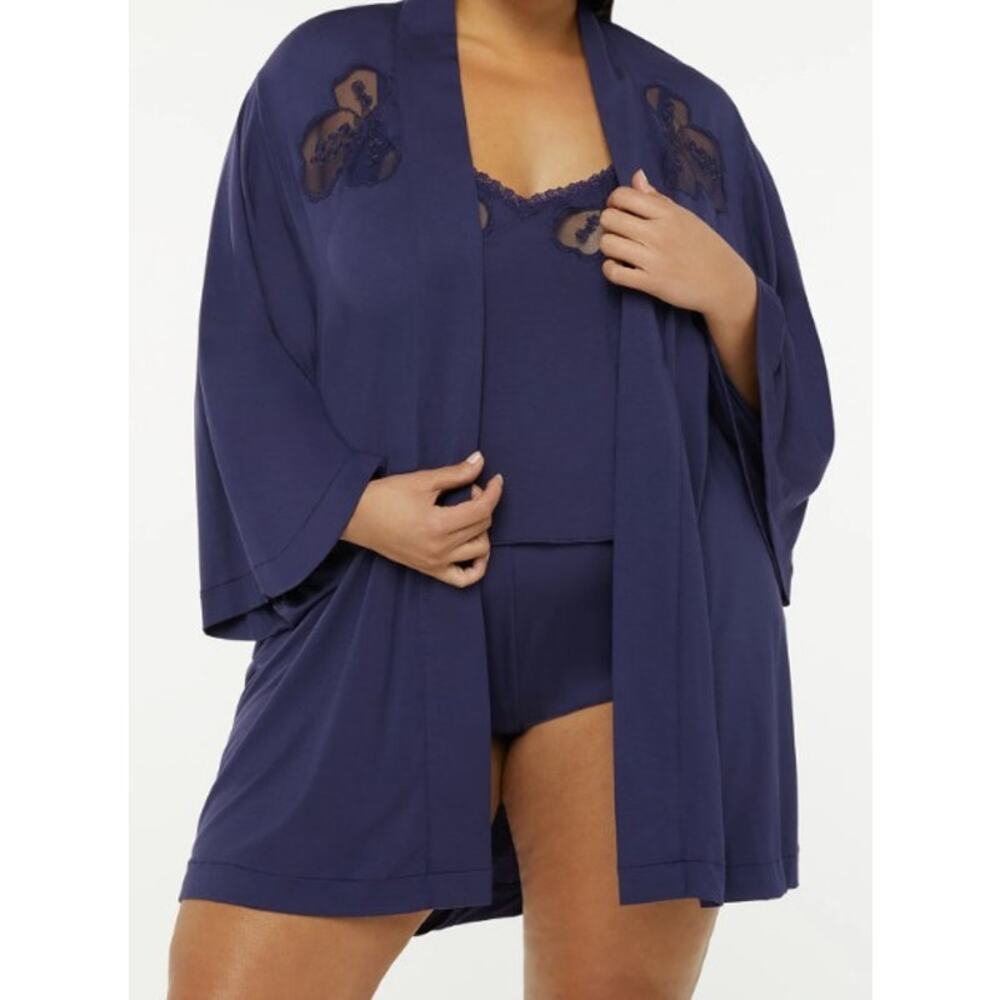 Savage X Fenty Robe M/L A Peek Behind The Lace Short Wide Sleeve Navy Blue